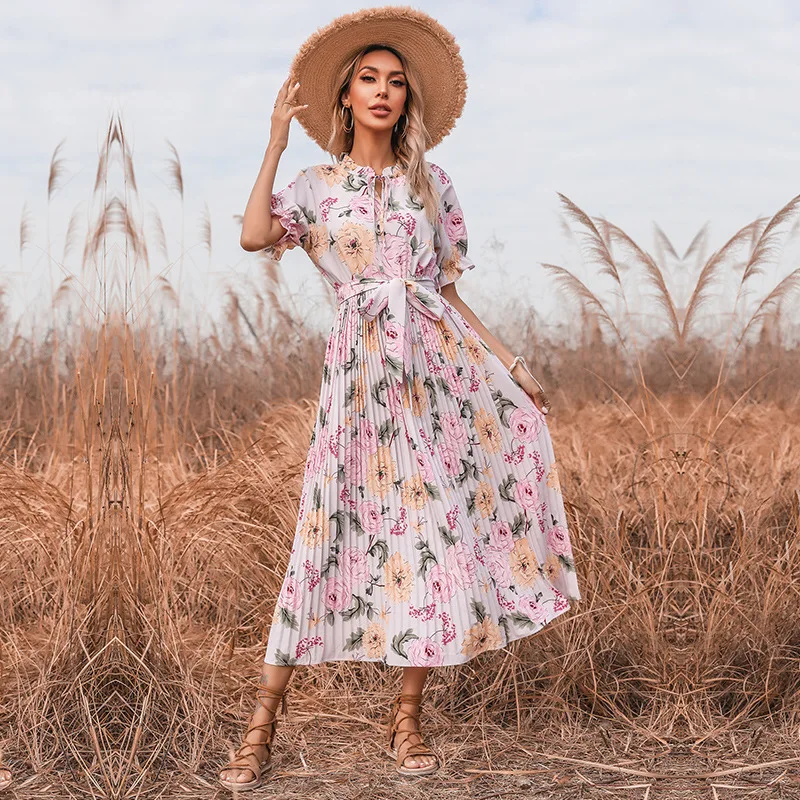 

Women Summer Elegant Floral Pleated Dresses 2021 Pink Green Long Boho Belt Dress With Short Ruffle Sleeve Holiday Beach Clothes