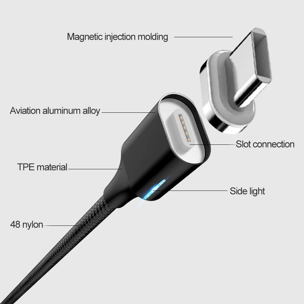 Магнитный кабель 3A для быстрой зарядки, кабель Micro USB type C для Android iPhone X XS MAX XR, магнитный usb-кабель для зарядки, нейлоновый шнур для передачи данных