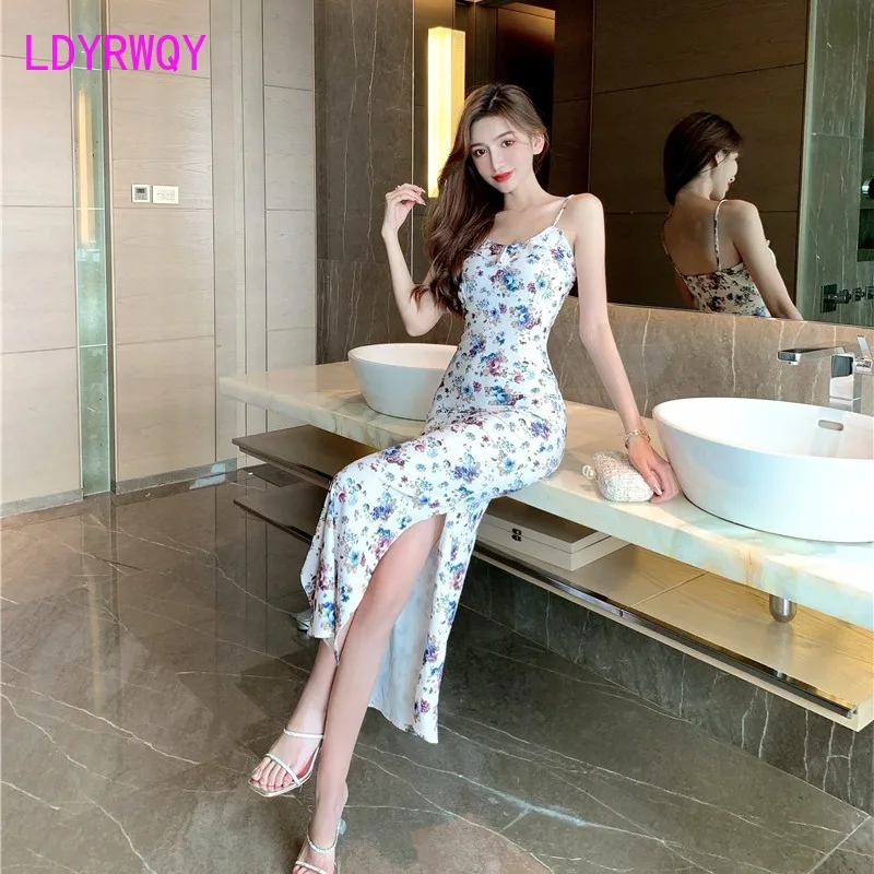 

LDYRWQY 2021 summer Korean new style waist split sexy fashion sling print dress Office Lady V-Neck