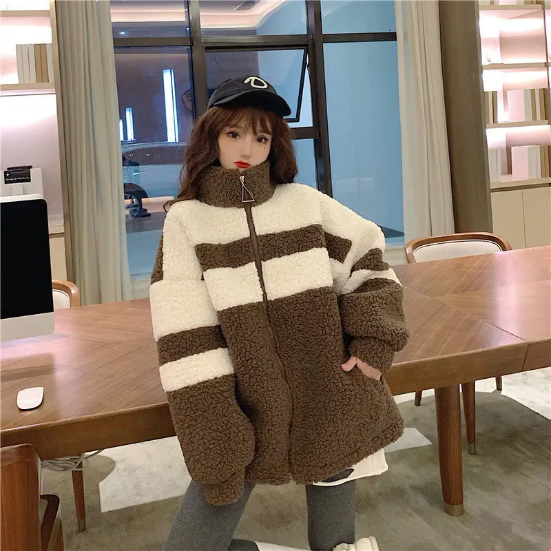 Lamb Wool Coat Women Winter Korean Version Of Thin Sweater Plus Velvet Thickening Contrast Color Wild Lazy Style Fried Street To |