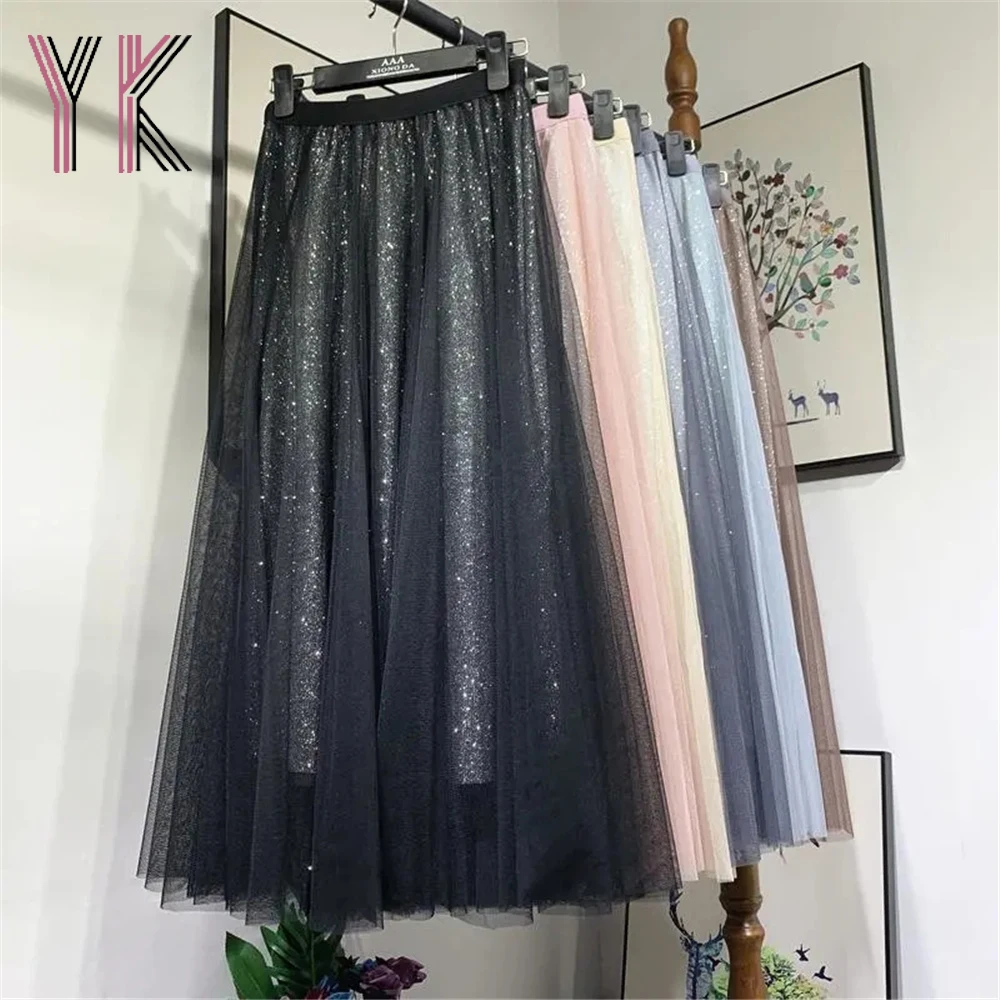 

Shiny Mesh Pleated Elastic High Waist Long Skirts Y2k Ball Gown Korean Mom Midi Skirts 2021 Aesthetic Tutu Tulle Fairycore Saia