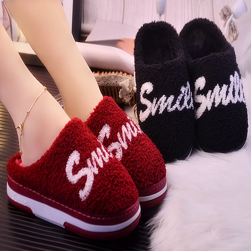 

Winter new style cotton slippers Korean letters warm thick-soled slippers women's wooden floor household slippers 36-41