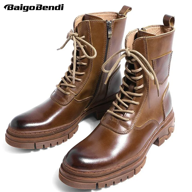 Ботинки мужские из натуральной кожи на шнуровке до середины икры каблуке 5