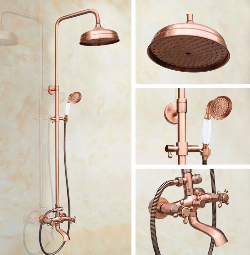 

Antique Red Copper Wall Mount Rain Bathroom Hand Shower Faucet Set WITH/ Bathtub Mixer Tap Drg514