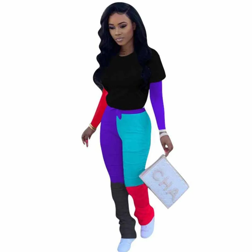 

Activewear Workout Women's Sets Long Sleeve Slim Fit Tops and Color Block Spliced Stacked Pant Casual Plus Size Matching Outfits