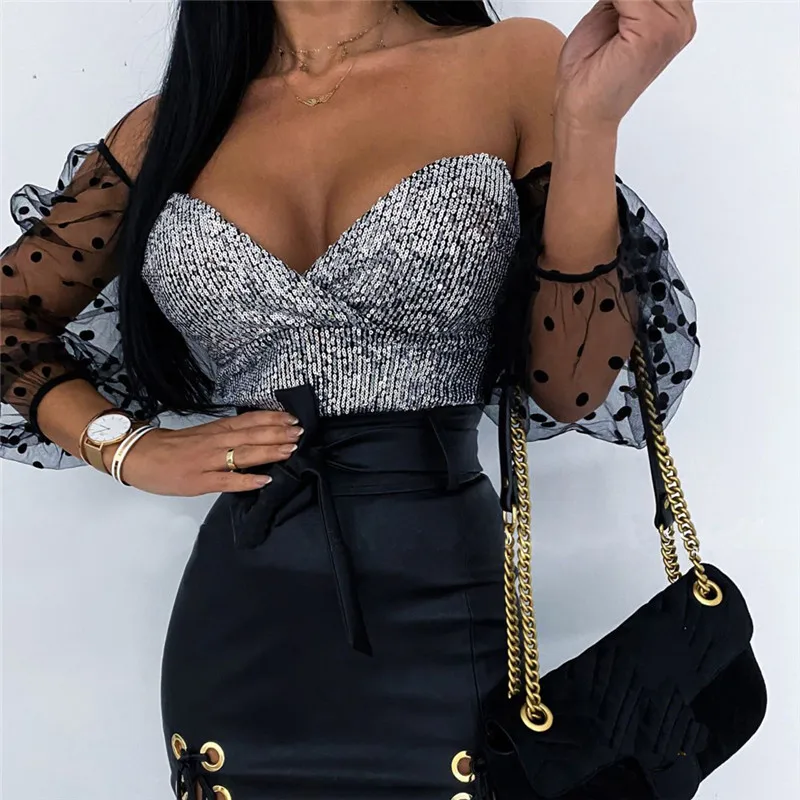 Сексуальная Женская блузка с открытыми плечами и блестками модная