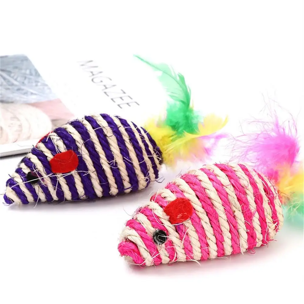 

Sisal Mouse With Feather Tail Cartoon Rat Cat Interactive Catch Toy Colorful Bite Resistant Squeaky Mice Kitten Chase Chew Toys