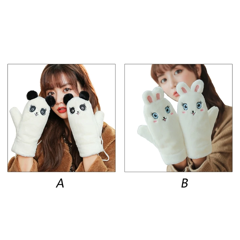 

Women Winter Fuzzy Fluffy Plush Full Finger Gloves with String Cartoon Panda Rabbit Embroidery Mittens Windproof Thermal