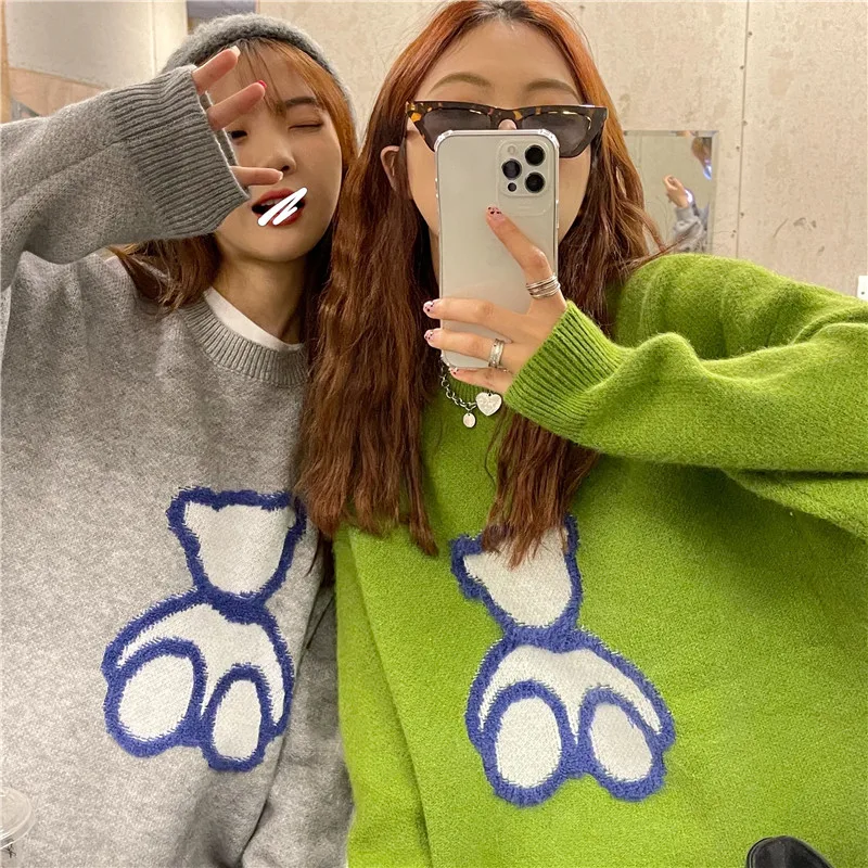 

New Collection Loose Casual Cartoons Cute Bear Winter Thicken Long-Sleeved Knitting Pullovers Female Sweaters