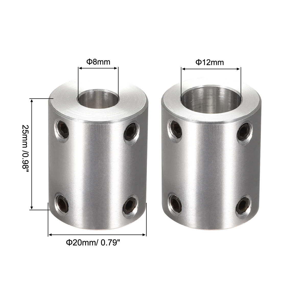 

uxcell 2Pcs 8mm to 12mm Bore Rigid Coupling 25mm Length 20mm Diameter Silver for Model Car, Model Boat, Hardware, Mould etc