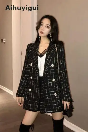

Aihuyigui 2019 Women Winter Black White Jacket Coat Double Row Diamond Button Long Sparkle Sequin Jacket Coat Dr639