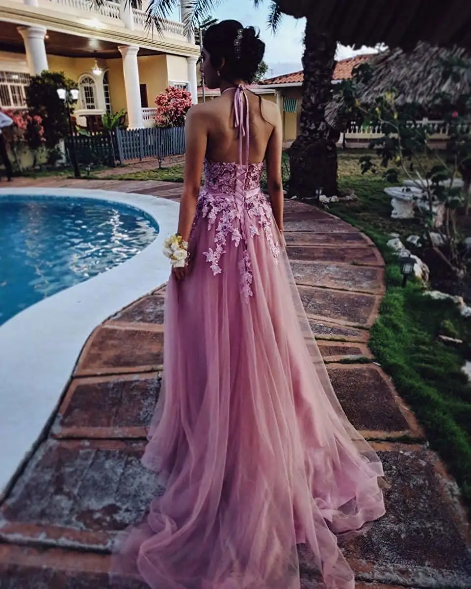 

Women's Halter Prom Dresses Long 2020 Appliques Backless High Neck Evening Gown Formal Dress Robe Sirene Longue Gala Gowns