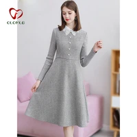 winter woolen vintage grey dress a line elegant slim lace up button dresses warm office lady knee female vestidos