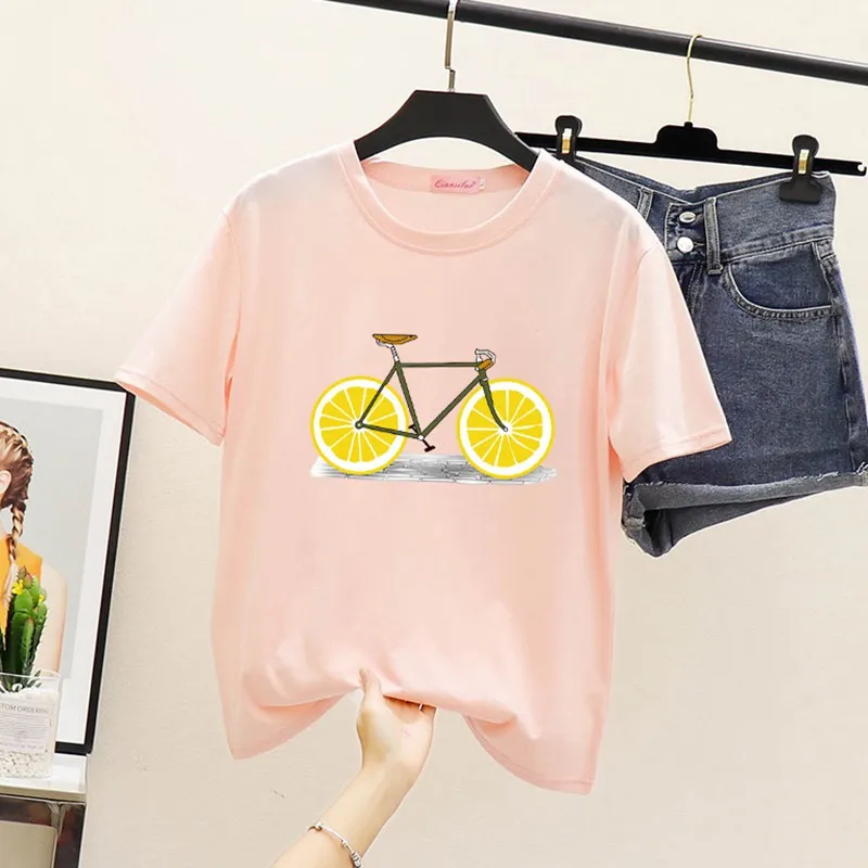 Летняя новая футболка модная повседневная с принтом лимонного велосипеда