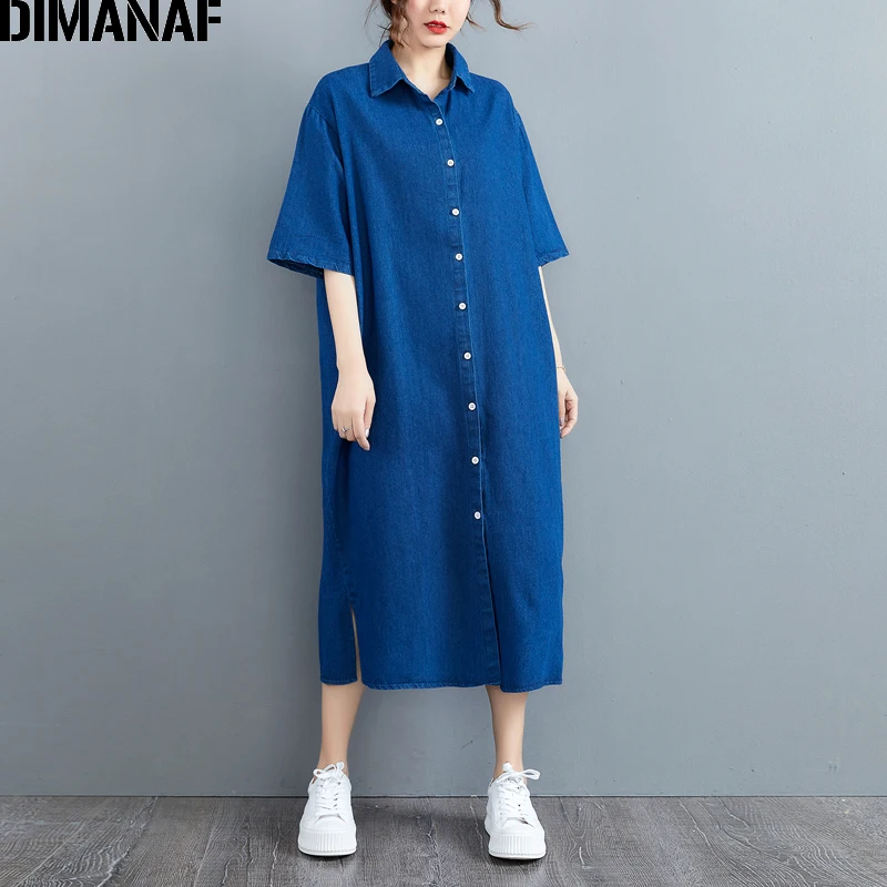

Женское джинсовое платье DIMANAF, длинное Хлопковое платье-рубашка оверсайз, повседневный свободный сарафан из денима для лета, 2021