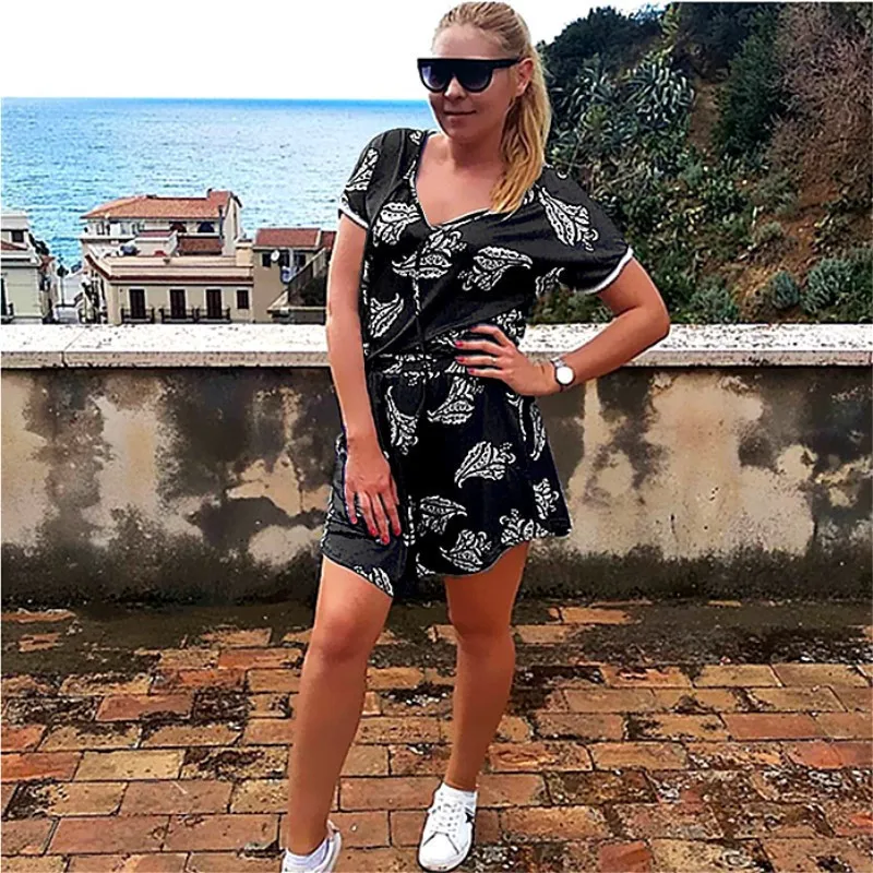 

Women Summer Printed Short Sleeve V Neck Loose Shorts Elastic Waist Workout Beach Jumpsuit