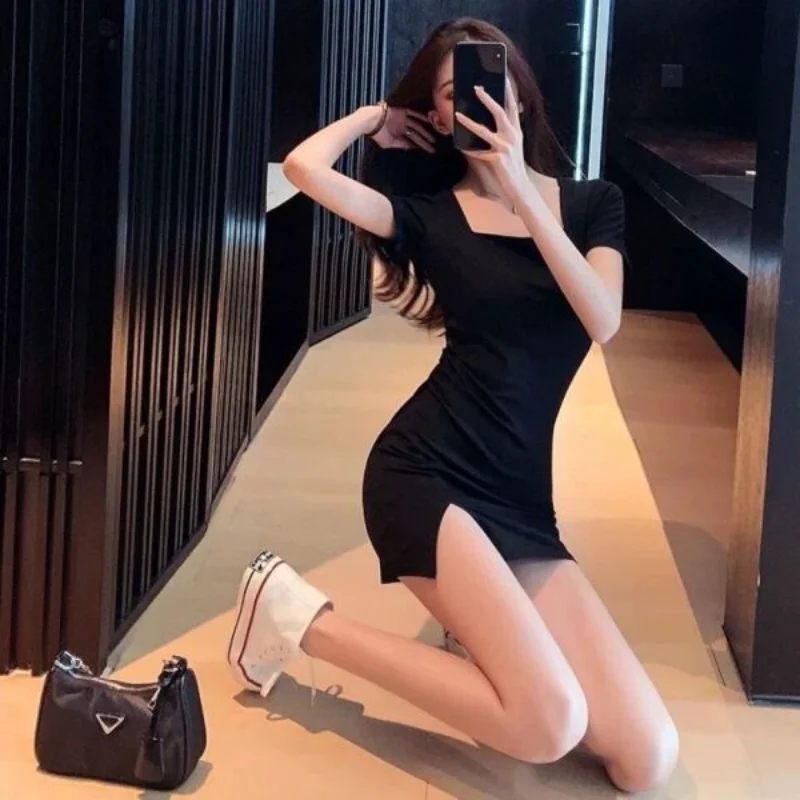 

New Summer Woman Square-Neck Slimming Waist Slit Sheath Skirt Slim Fit Bottoming Skirt Dress