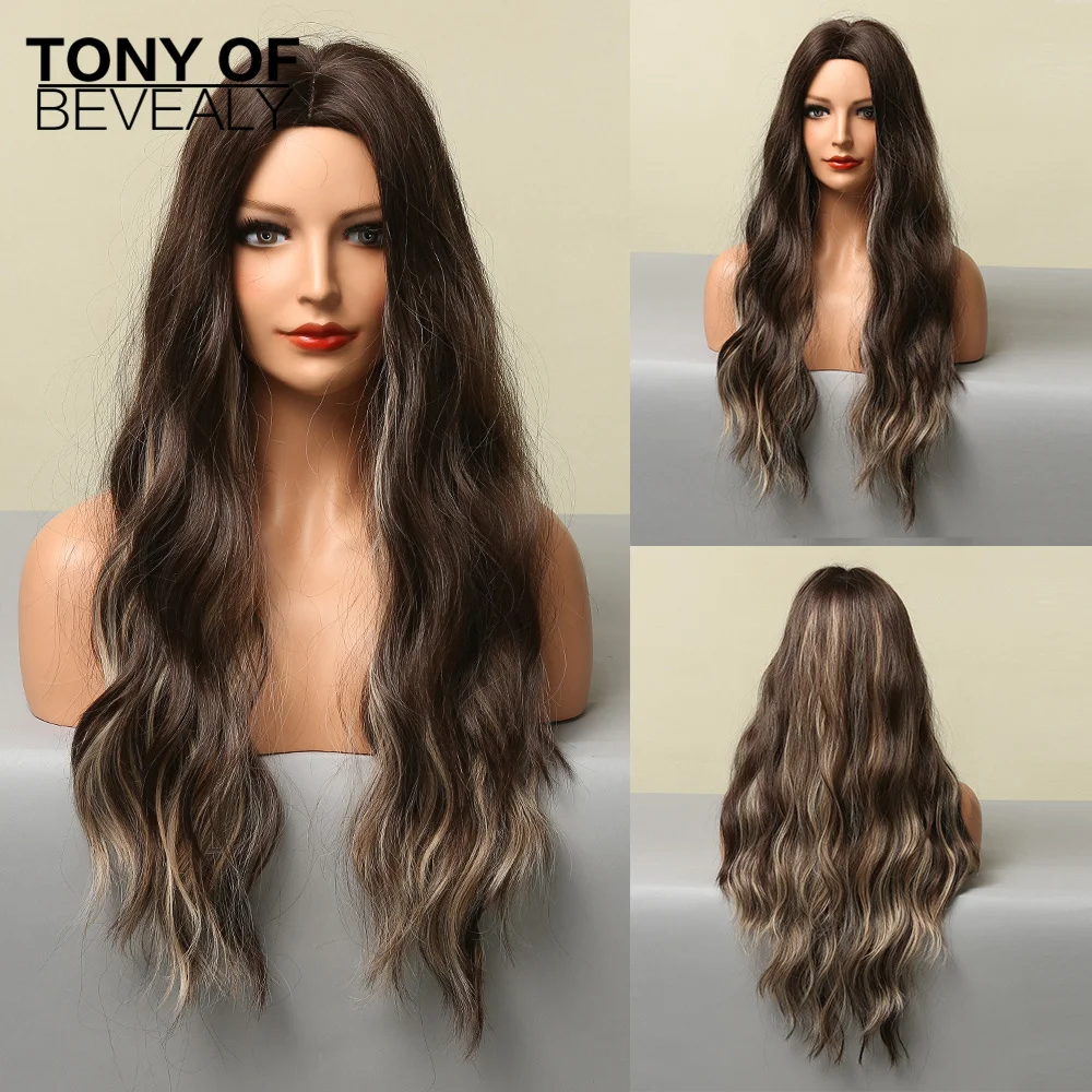 

Long Water Wavy Brown to Ash Ombre Hair Middle Part for Afro Women Daily Cosplay Natural Wigs Heat Resistant Synthetic Wigs