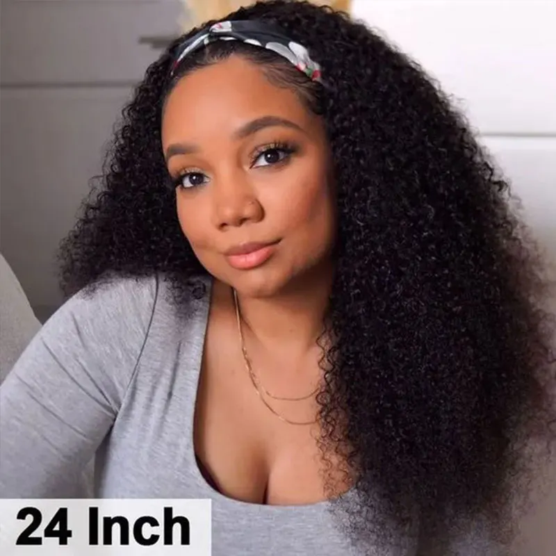 

Kinky Curly Headband Human Hair For Black Women No Pucking Scarf 12-26 inches Brazilian Glueless Curly Headband Human Wigs