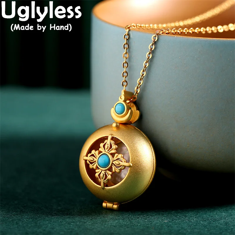 

Uglyless Buddhism Vajra Sachet Pendants for Women Opening Box Necklaces Shell Turquoise Jewelry Vintage 925 Silver Choker +Chain