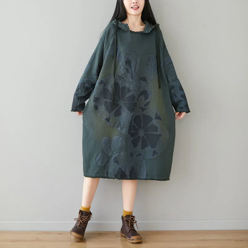 Baggy Hooded Pullovers Women Loose Cotton Oversized Drawstring Tops Japanese style Big Size Knitted cowboy print Sweatshirt | Женская