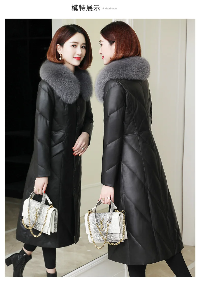 

new leather down jacket women's middle and long Haining fur coat sheep fur fur slim fox fur collar coat