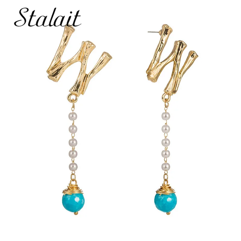 

Trendy Gold Color Pearl Beads Chain Letter W Dangle Earrings For Female Handmade Letter Blue Stone Wedding Jewelry