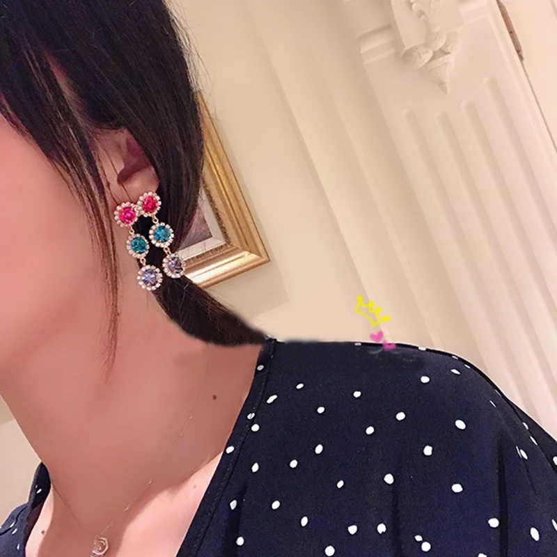 MENGJIQIAO новые корейские роскошные круглые хрустальные длинные висячие серьги для женщин геометрические двухрядные вечерние подвески ювелирные изделия