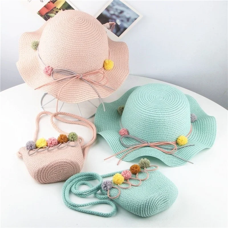 

Children Straw Hat + Bag Girls Beach Sunscreen Hat Children Bag Gift Sunshade Fisherman Hat Summer Seaside Weave