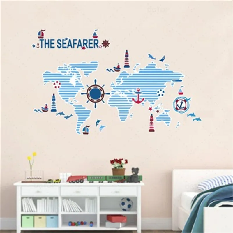 Морской моряк Путешествия Синий карта мира настенные наклейки для детской