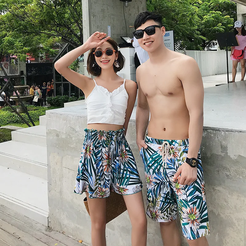 

2021 Summer New Couple Swimsuit Fashion Print 3 Piece Bikini Set Swimsuit Women Sexy Slim Hot Spring Beach Wear Men Swim Trunks
