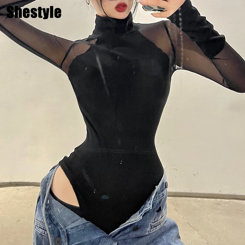 

Shestyle Black Mesh Sleeve Bodysuits Women Mock Neck Patchwork Elastic Rib-Knitted Spring Basic Streetwear Slim Body Tops