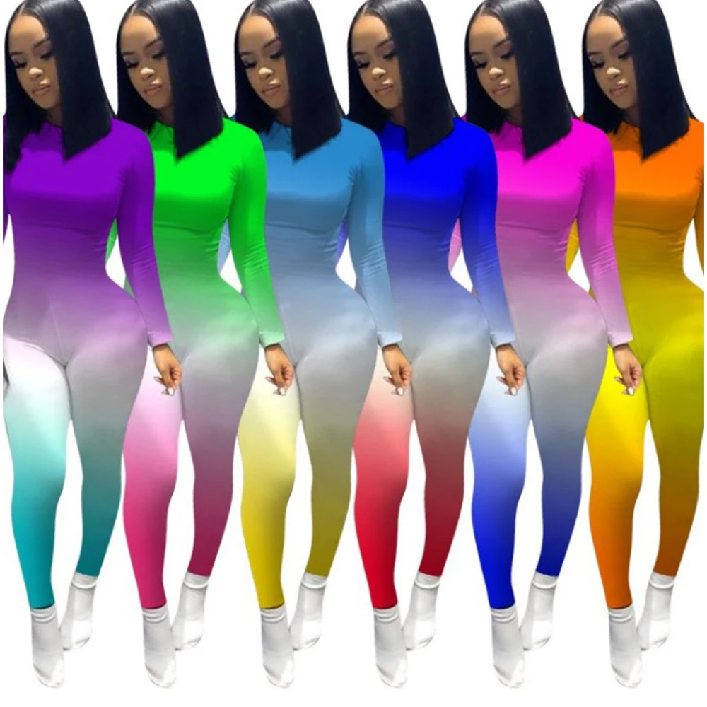 

Женский спортивный Облегающий комбинезон с градиентным принтом, круглым вырезом и длинным рукавом, обтягивающий комбинезон, уличная одежд...