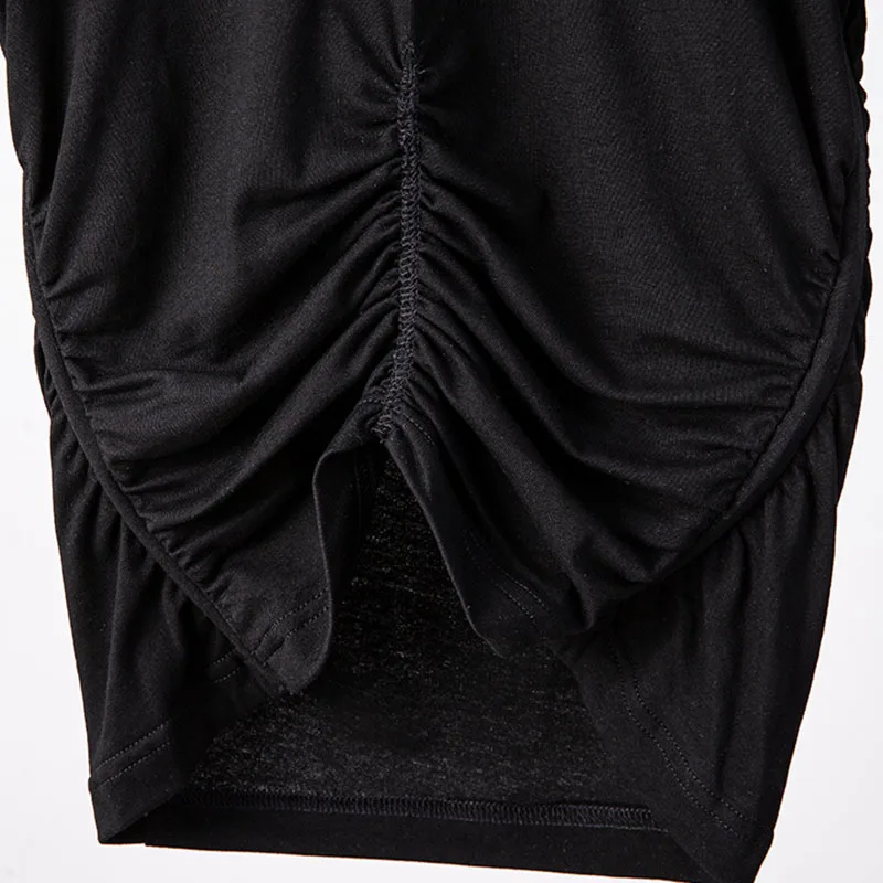 

[DEAT] Women Black Folds Irregular T-shirt New Round Neck Short Sleeve Slim Fashion Elegant Personality Summer 2021 7D1222
