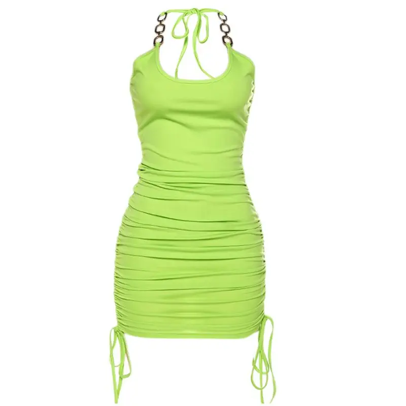 

Womens Sexy Halter Chain Backless Bodycon Mini Dress Neon Green Solid Color Ruched Side Drawstring Bandage Party Sleeveless Club