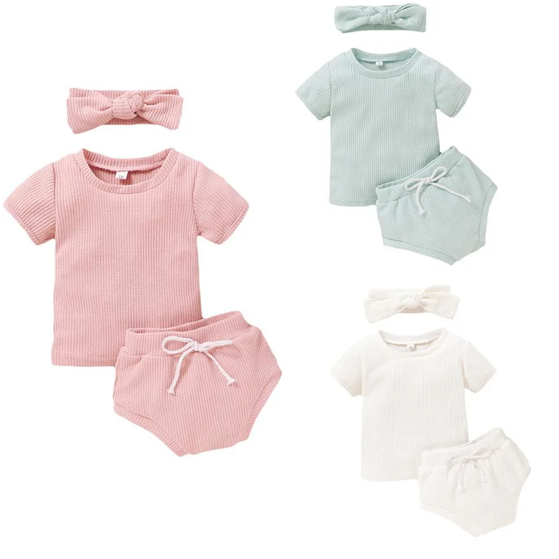 

2021 Summer Newborn Toddler Baby Girl Clothes T-shirt Pants Shorts Summer Outfit Headband 6M-3T
