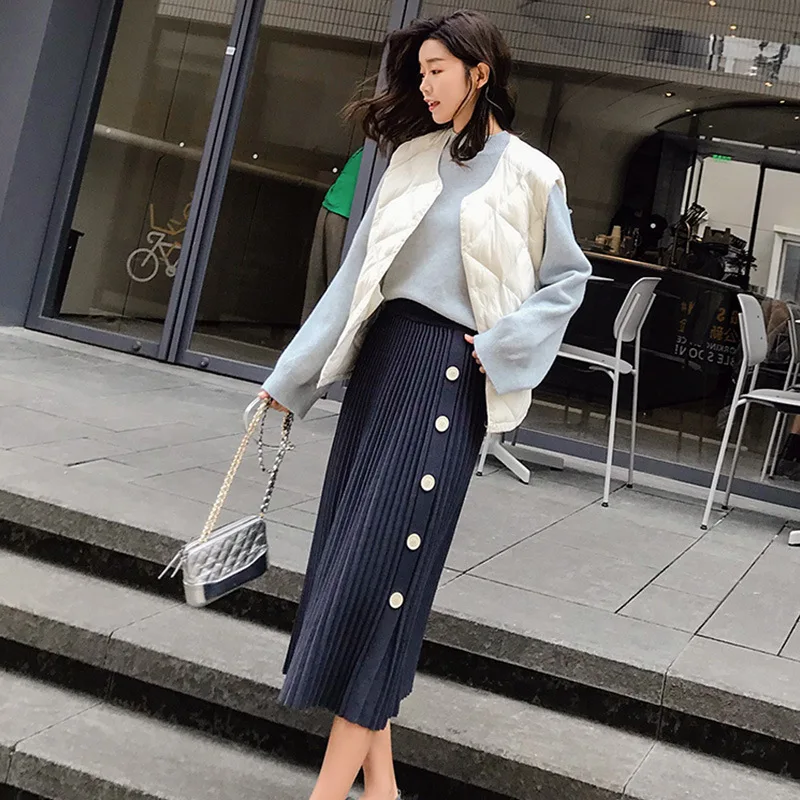 Осенне-зимние эластичные юбки с высокой талией для женщин s Faldas Mujer Moda Jupe вязаные плиссированные юбки женские тонкие юбки на пуговицах