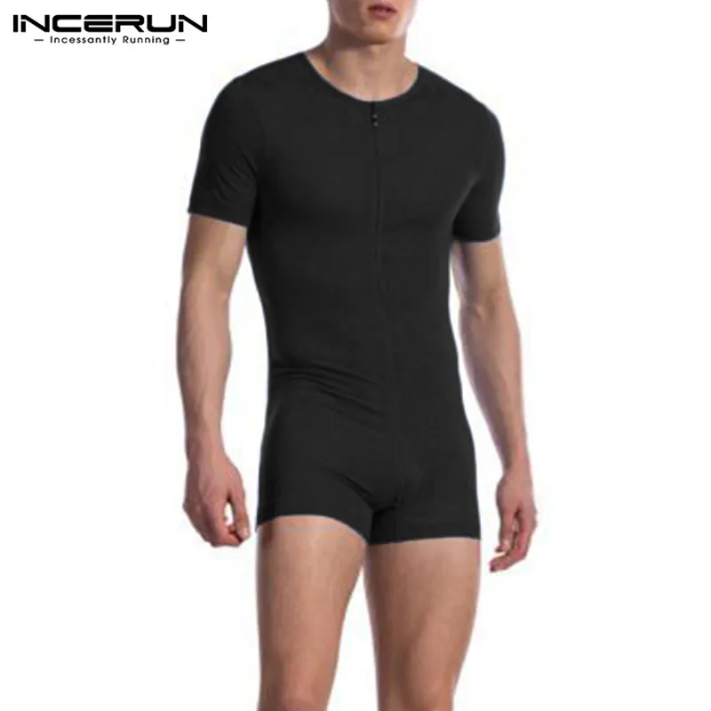 

INCERUN Men Pajamas Rompers Solid Short Sleeve V Neck Zipper Fitness Leisure Homewear Playsuits Cozy 2021 Men Jumpsuit Sleepwear