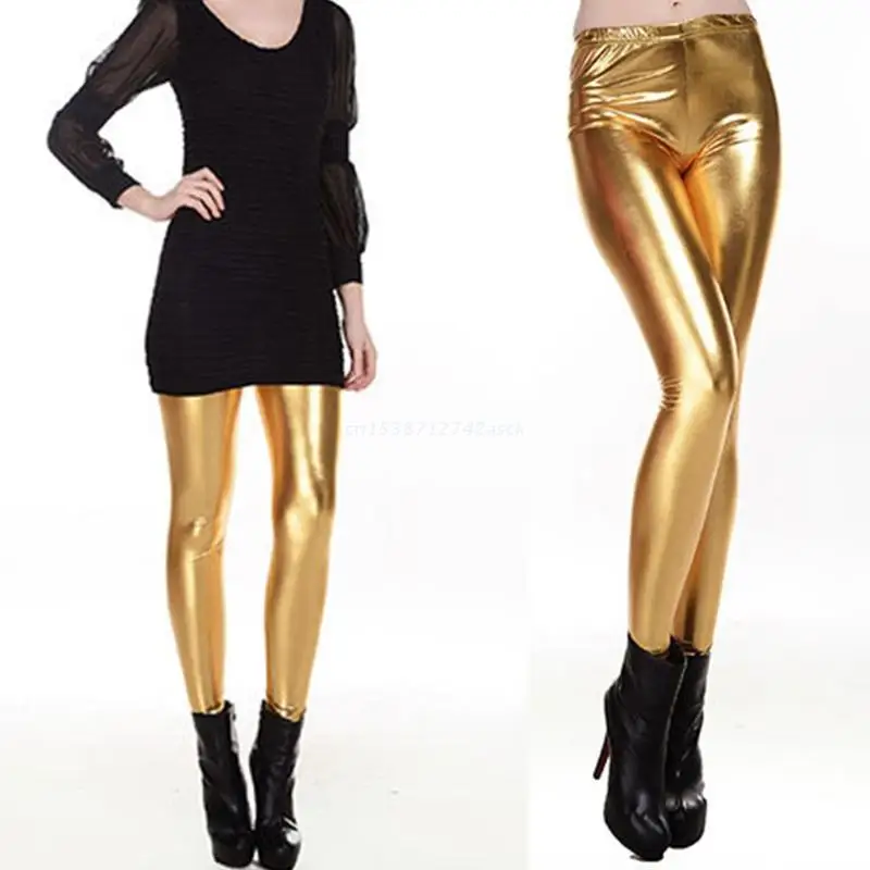 

Women Shiny Silver Gold Leggings High-Waisted Faux Leather Stretch Pencil Pants Dropship