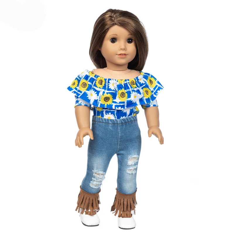 Набор из двух предметов: футболка с изображением подсолнуха и джинсы с кисточками для куклы новорожденного ребенка длиной 43 см (американская кукла Girl 18 дюймов) - аксессуары для одежды.