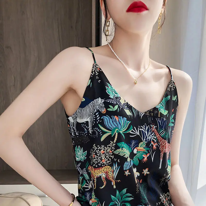 

100% Mulbery Silk Satin Sexy Spaghetti Strap Tank Tops Women National Style Vest Female V-neck Print Halter Undershirt Summer