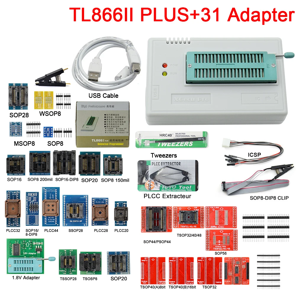 Программатор V10.8 TL866II Plus универсальный USB программатор nand flash AVR PIC Bios с 31 адаптером