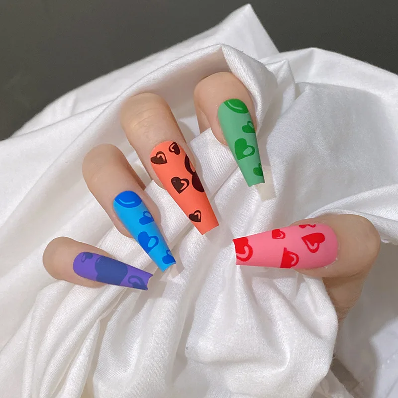 

24PCS Set Press on Nails Coffin Pre Designed Acrylic Long Matte Colored Fake Fingernail JP1754-B1