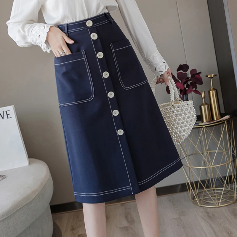 

Женская однобортная юбка Ailegogo, повседневная облегающая трапециевидная юбка с высокой талией, Однотонная юбка на пуговицах, лето 2021