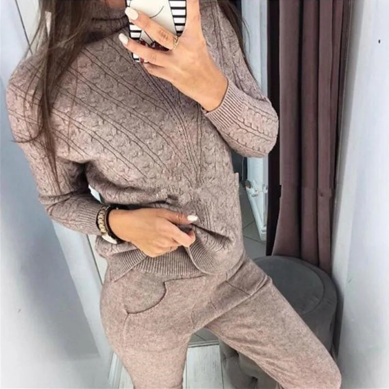 

Женский трикотажный костюм из 2 предметов, свитер и брюки, водолазка, пуловер с длинным рукавом, Осень-зима, 2019