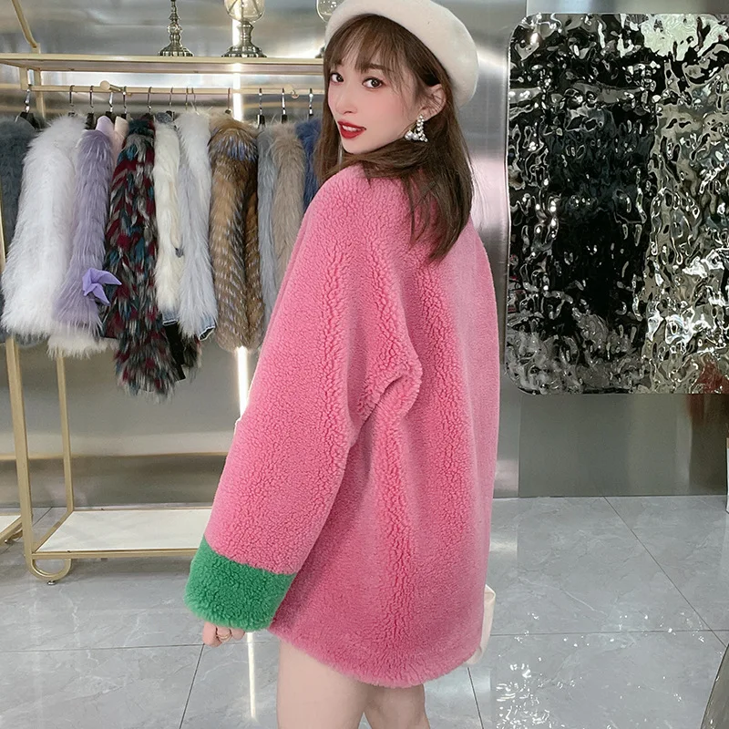 Winter Chinese Style Women's High Quality Pink Color Wool Fur Leather Coat C710
