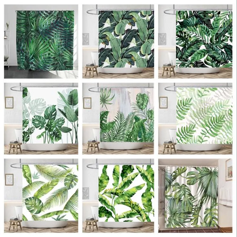 

Creativity Tropical Green Foliage Palm Leaf Sea Turtle Shower Curtain Anti-peeping Bath Blackout Screen Door with Hooks Decor