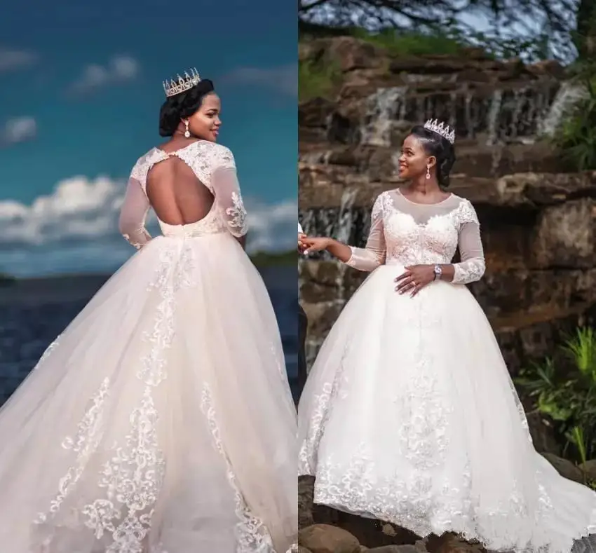 

african Ball Gown Wedding Dresses Lace Appliques Long Sleeve Cheap Sexy ball gown Plus Size Wedding Bridal Dress