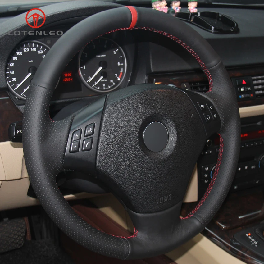 

LQTENLEO Black Genuine Leather Hand-stitched Car Steering Wheel Cover for BMW E90 E91 320 318i 320i 325i 330i 320d 328xi X1 E84