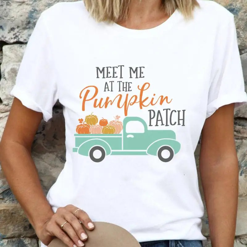 

Women Pumpkin Truck Fall Autumn Happy Time New Thanksgiving Halloween Cartoon T Top Shirt Tee Print Female Graphic T-Shirts